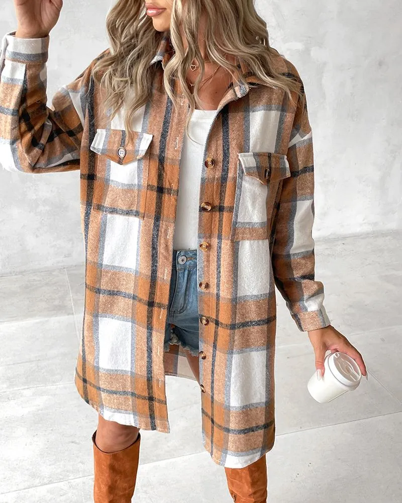 Plaid Print Pocket Design Buttoned Longline Shacket