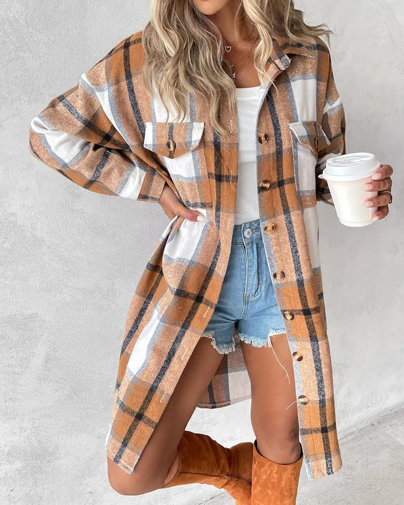 Plaid Print Pocket Design Buttoned Longline Shacket