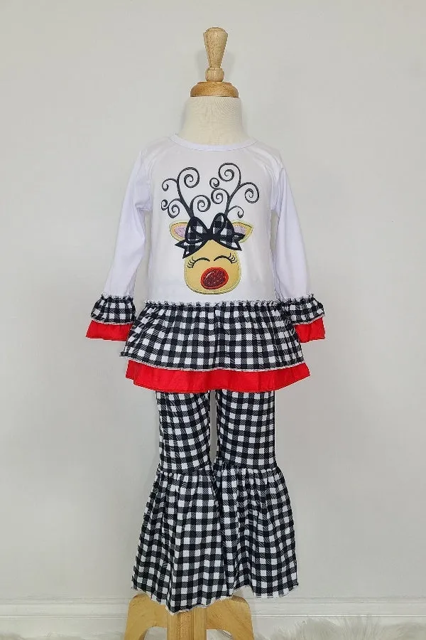 Plaid Reindeer Girls Set