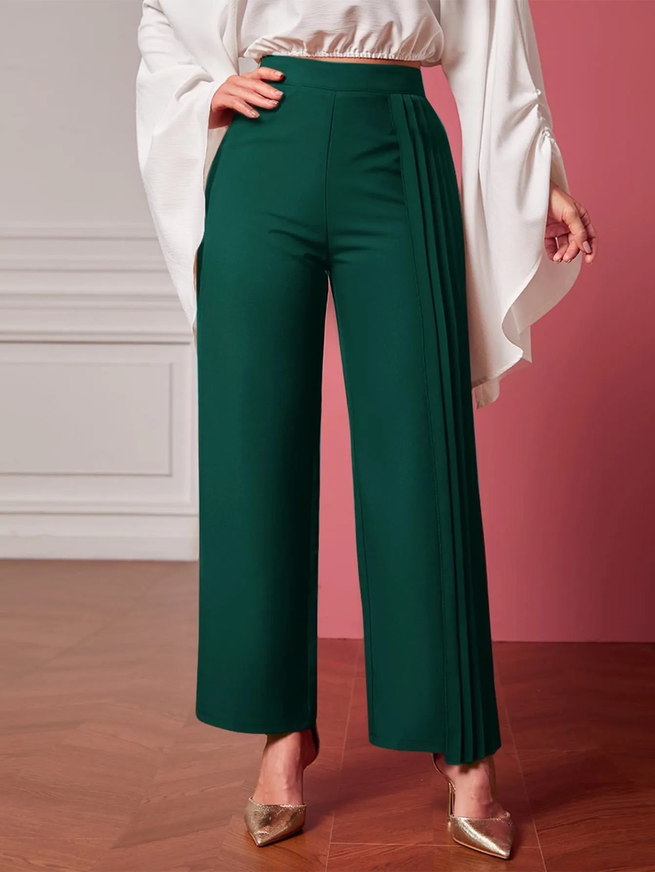 Pleated Panel Straight Leg Pants