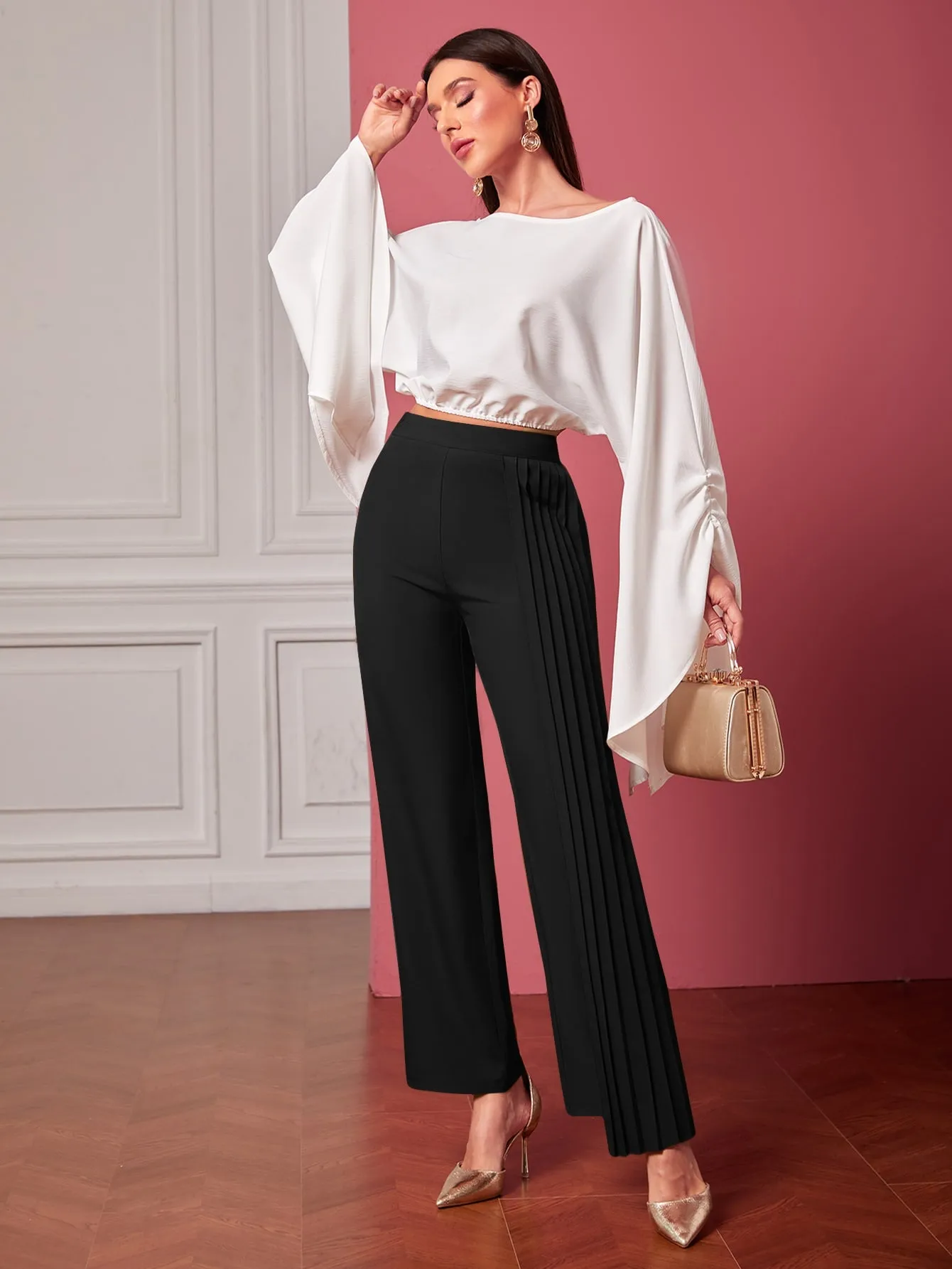 Pleated Panel Straight Leg Pants