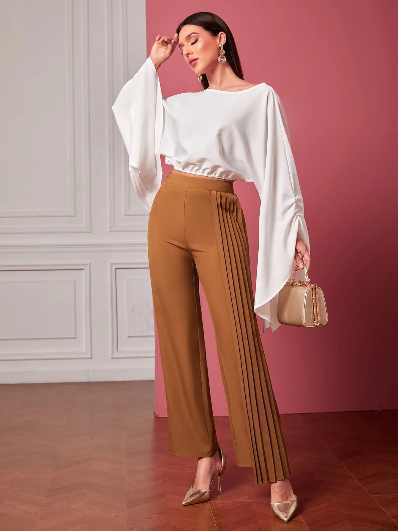 Pleated Panel Straight Leg Pants