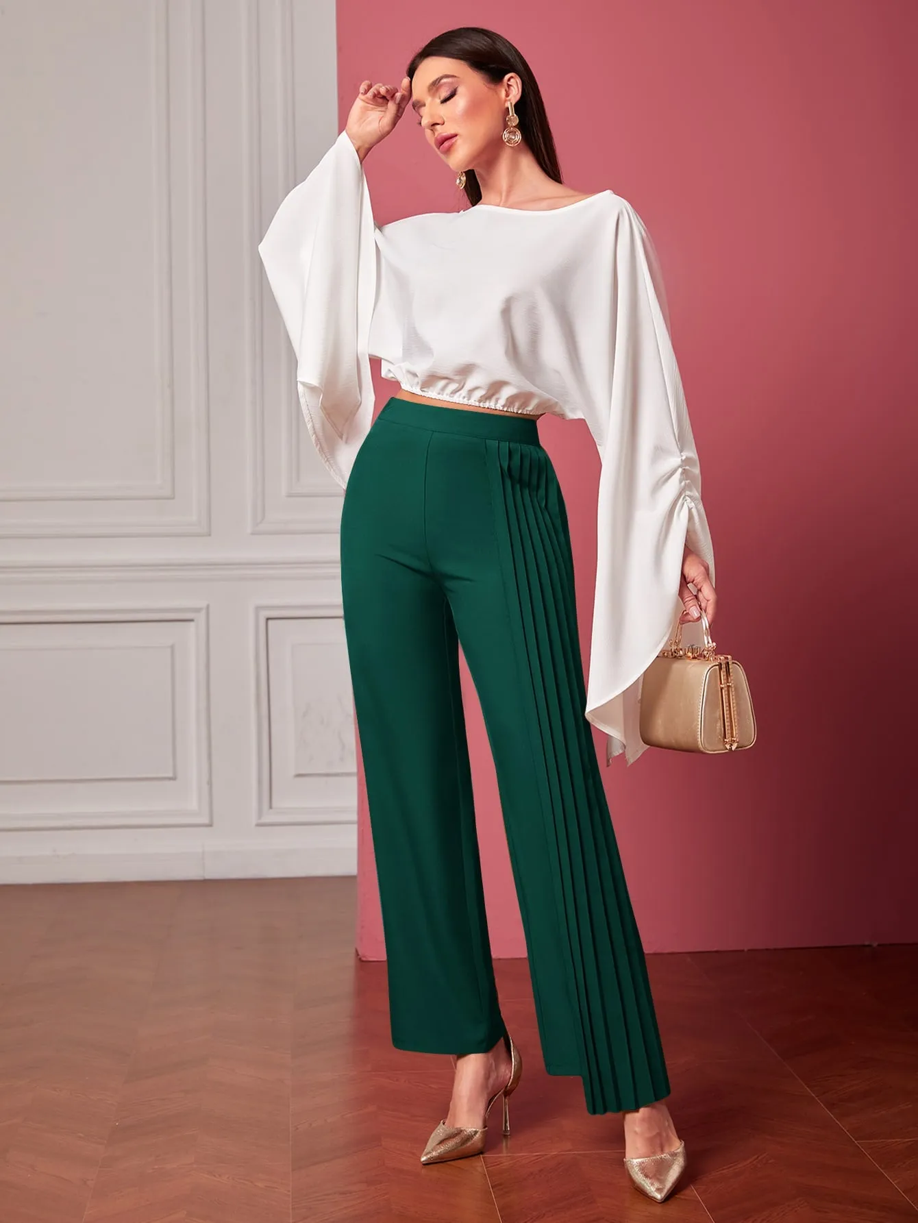 Pleated Panel Straight Leg Pants