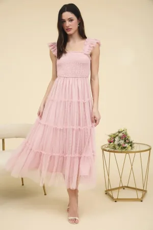POLKA DOT CHIFFON SMOCKED TIERED MIDI DRESS