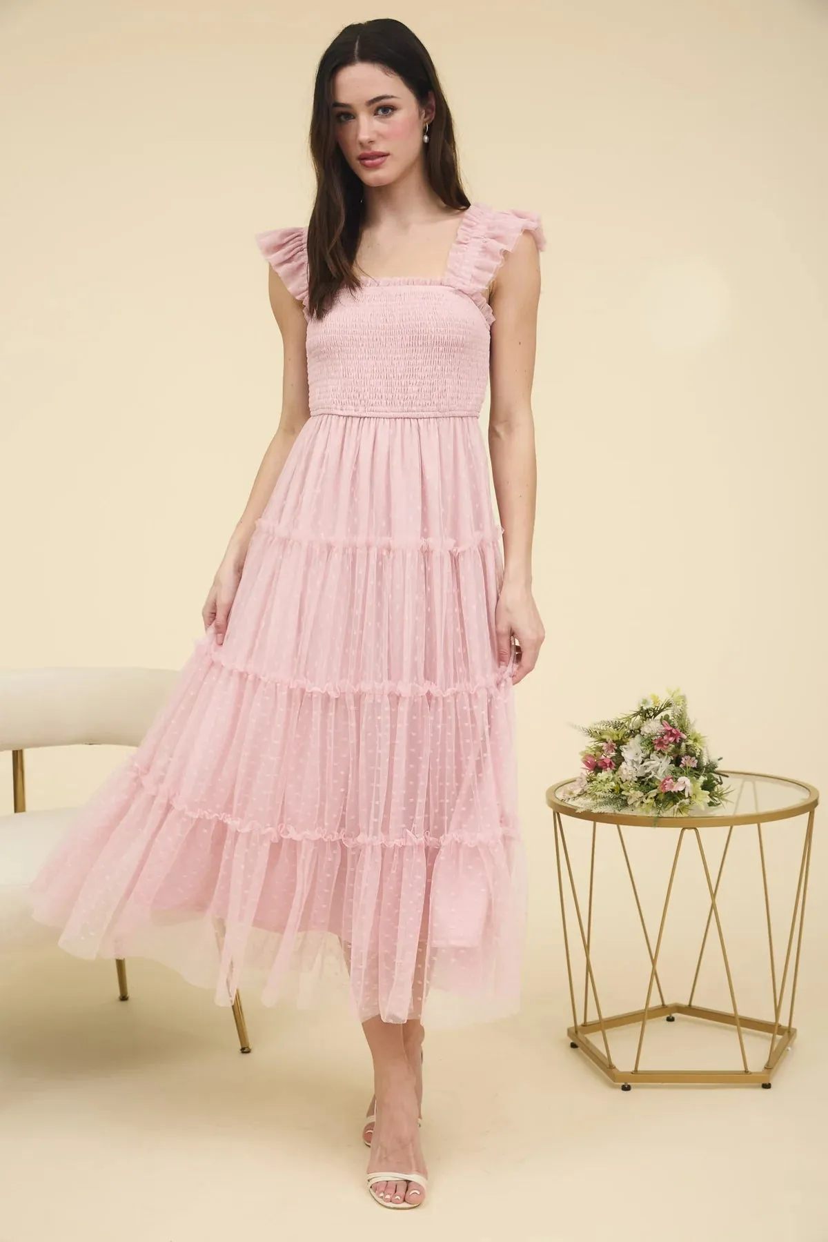 POLKA DOT CHIFFON SMOCKED TIERED MIDI DRESS
