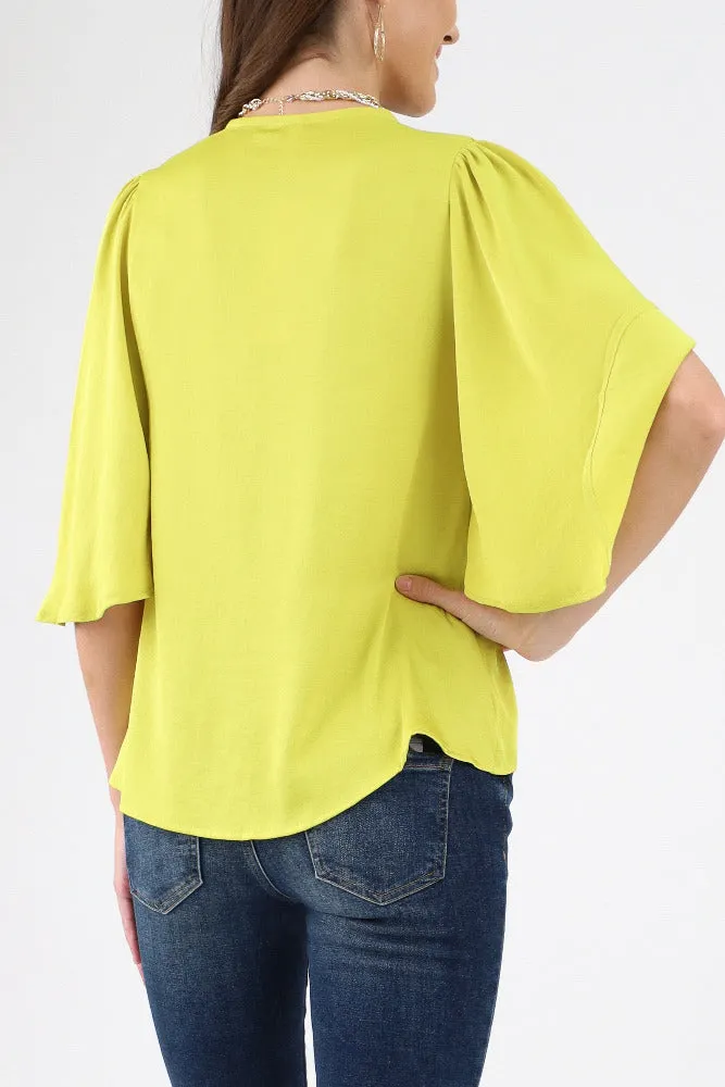 Poly Silk Petal Sleeve Top - Chartruse