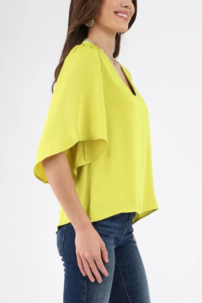 Poly Silk Petal Sleeve Top - Chartruse