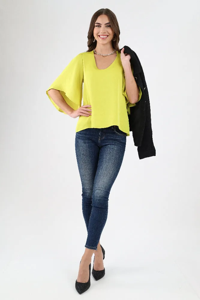 Poly Silk Petal Sleeve Top - Chartruse