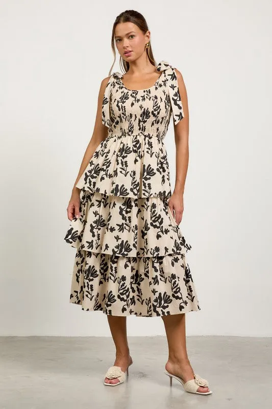 Printed Poplin Tiered Midi Dress With Smocking