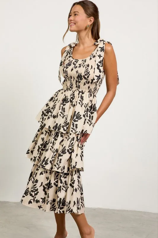 Printed Poplin Tiered Midi Dress With Smocking