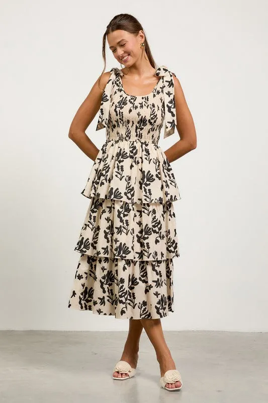 Printed Poplin Tiered Midi Dress With Smocking