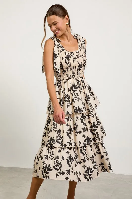 Printed Poplin Tiered Midi Dress With Smocking