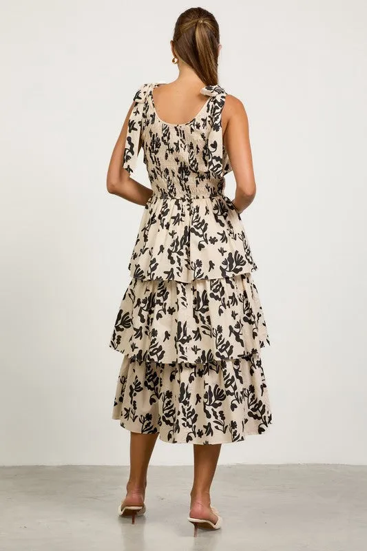 Printed Poplin Tiered Midi Dress With Smocking