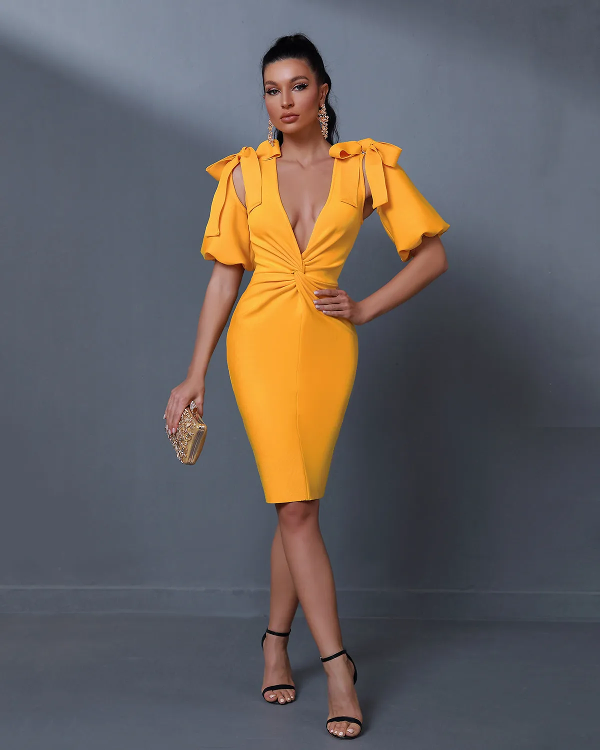 Puff-sleeve Cutout Bow Bandage Dress