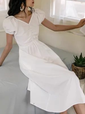 Puff Sleeve Shirring Dress in White