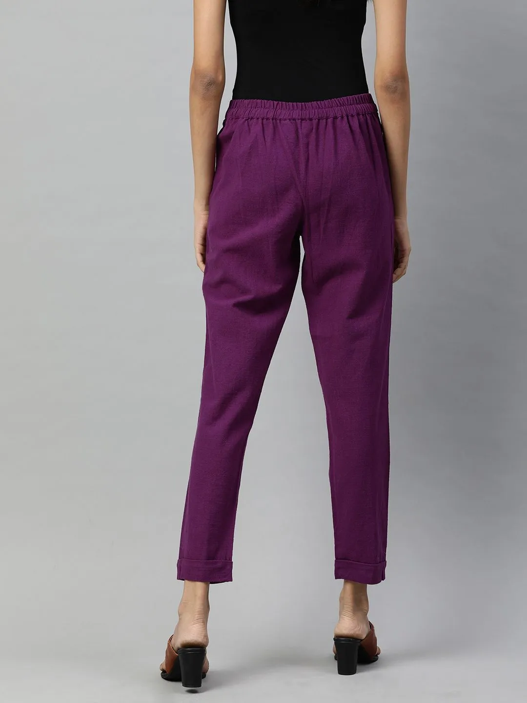 Purple Cotton Slub Bottom-Fold Straight Pants