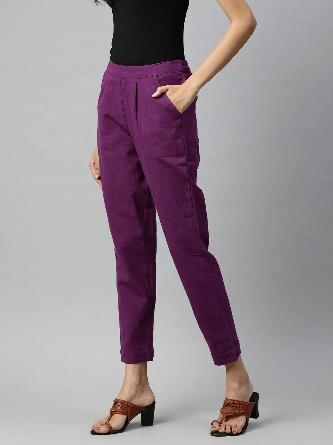 Purple Cotton Slub Bottom-Fold Straight Pants