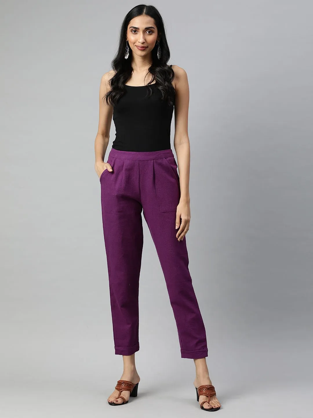 Purple Cotton Slub Bottom-Fold Straight Pants