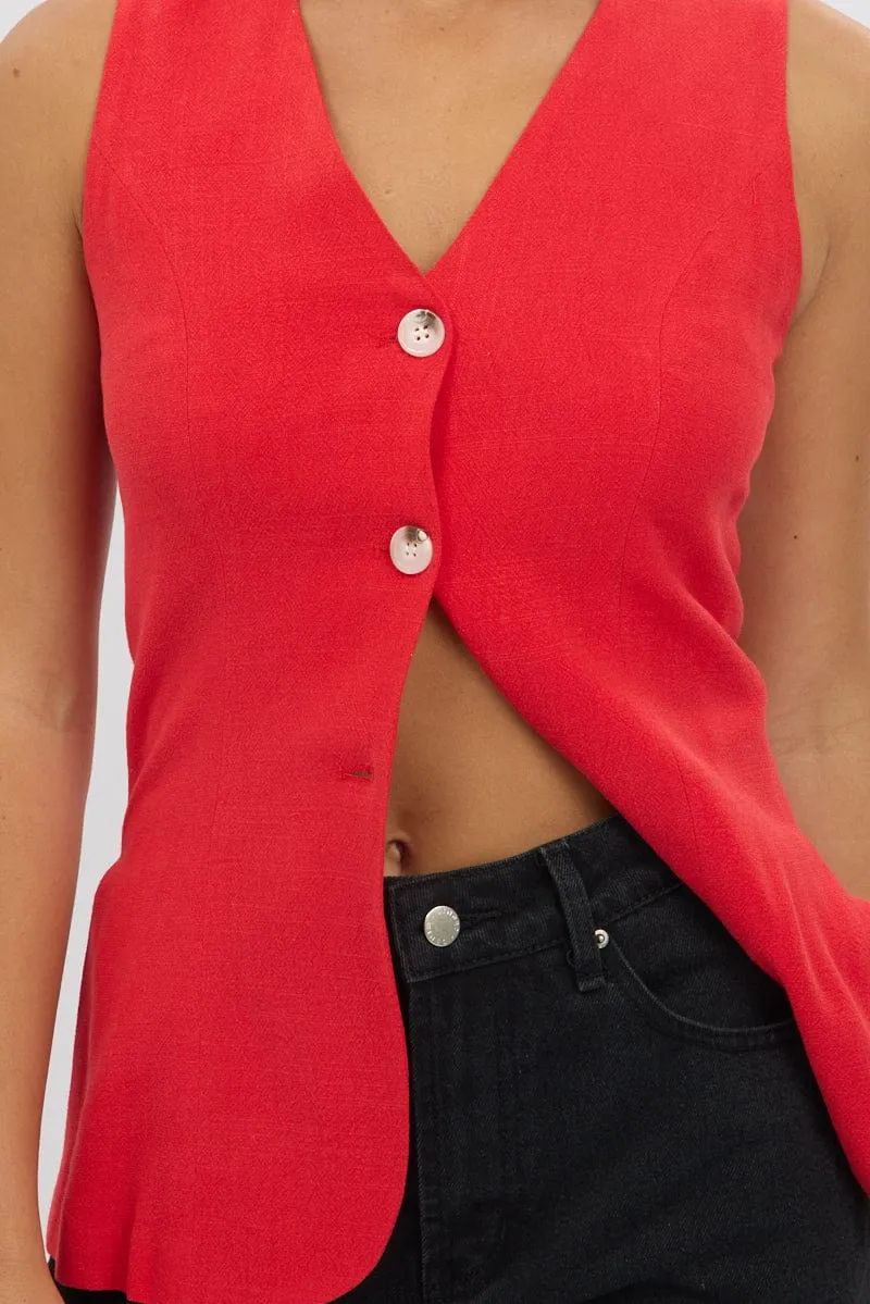 Red Linen Vest Longline V Neck
