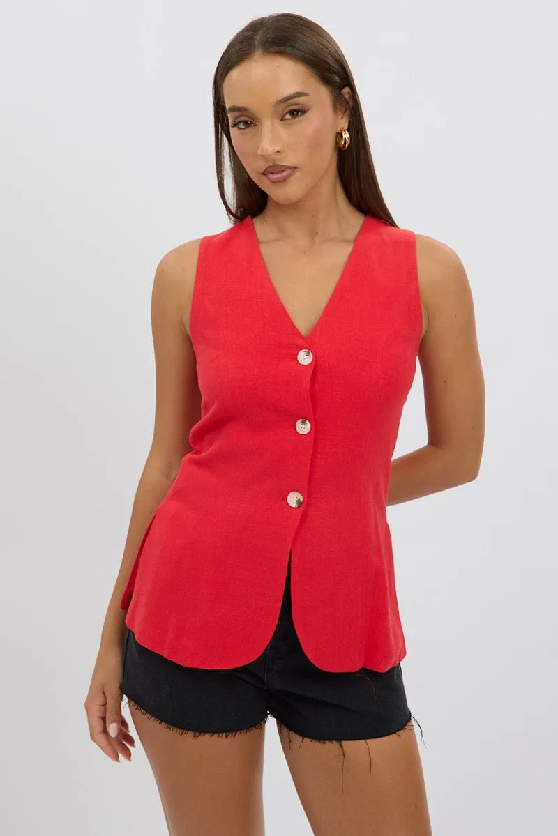 Red Linen Vest Longline V Neck