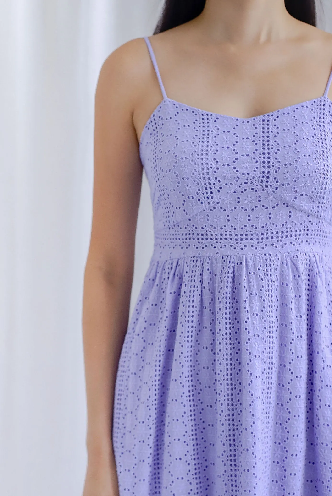 *Restocked* Jasmine Eyelet Spag Midi Dress In Lilac