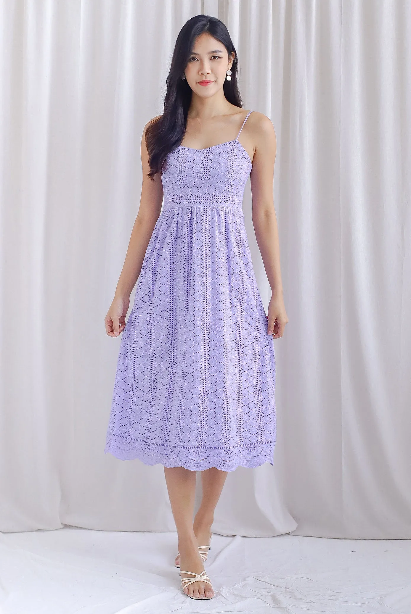 *Restocked* Jasmine Eyelet Spag Midi Dress In Lilac