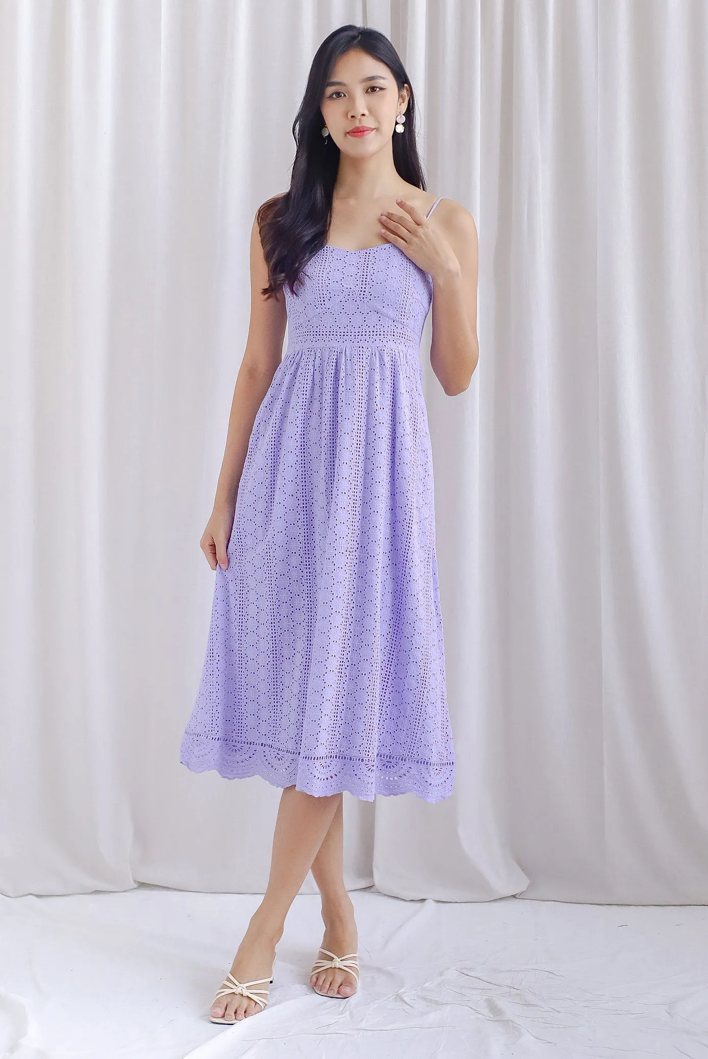 *Restocked* Jasmine Eyelet Spag Midi Dress In Lilac