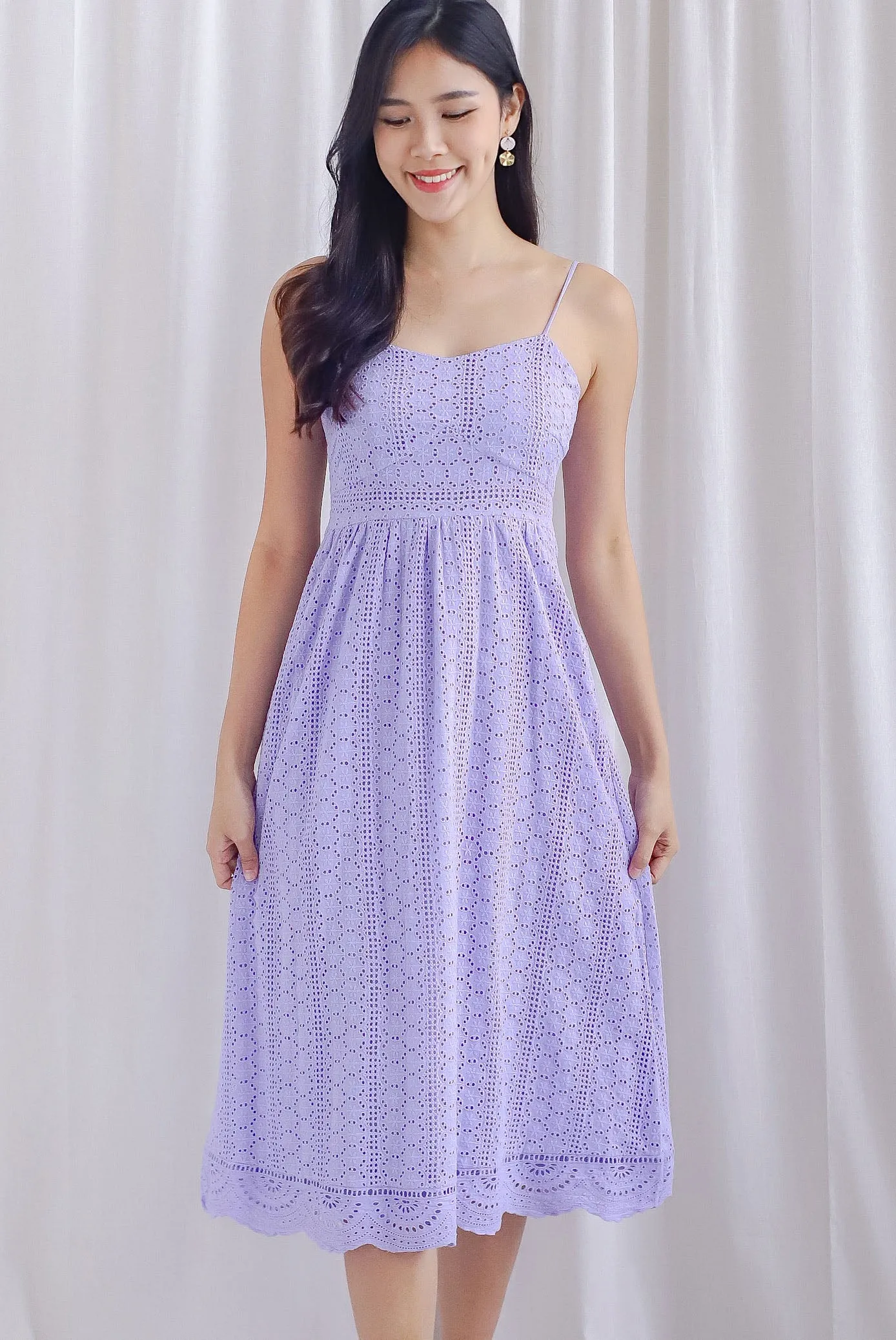 *Restocked* Jasmine Eyelet Spag Midi Dress In Lilac