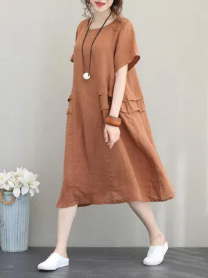 Retro Casual Cotton Pure Color Loose Short Sleeve Women Midi Dress