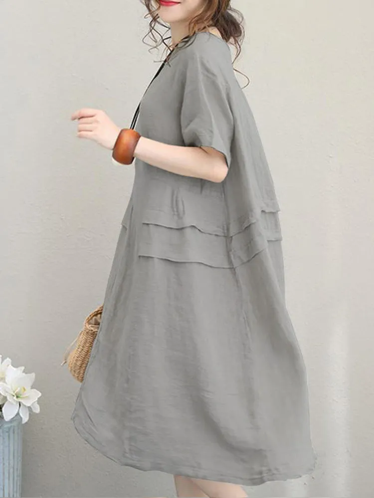 Retro Casual Cotton Pure Color Loose Short Sleeve Women Midi Dress