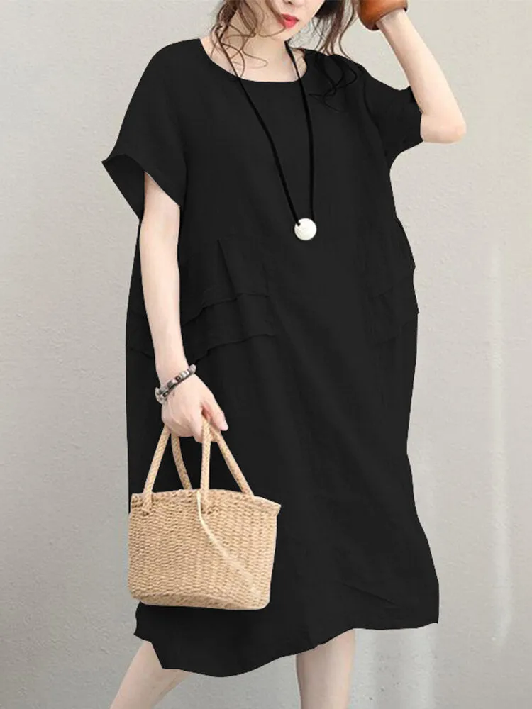 Retro Casual Cotton Pure Color Loose Short Sleeve Women Midi Dress