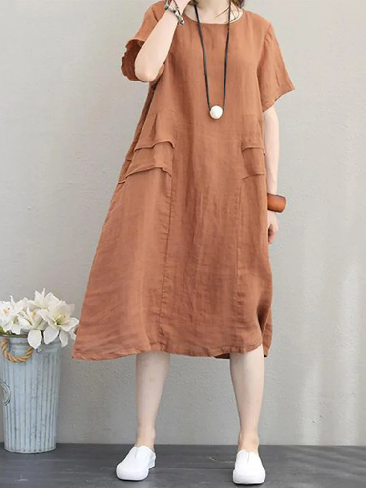 Retro Casual Cotton Pure Color Loose Short Sleeve Women Midi Dress