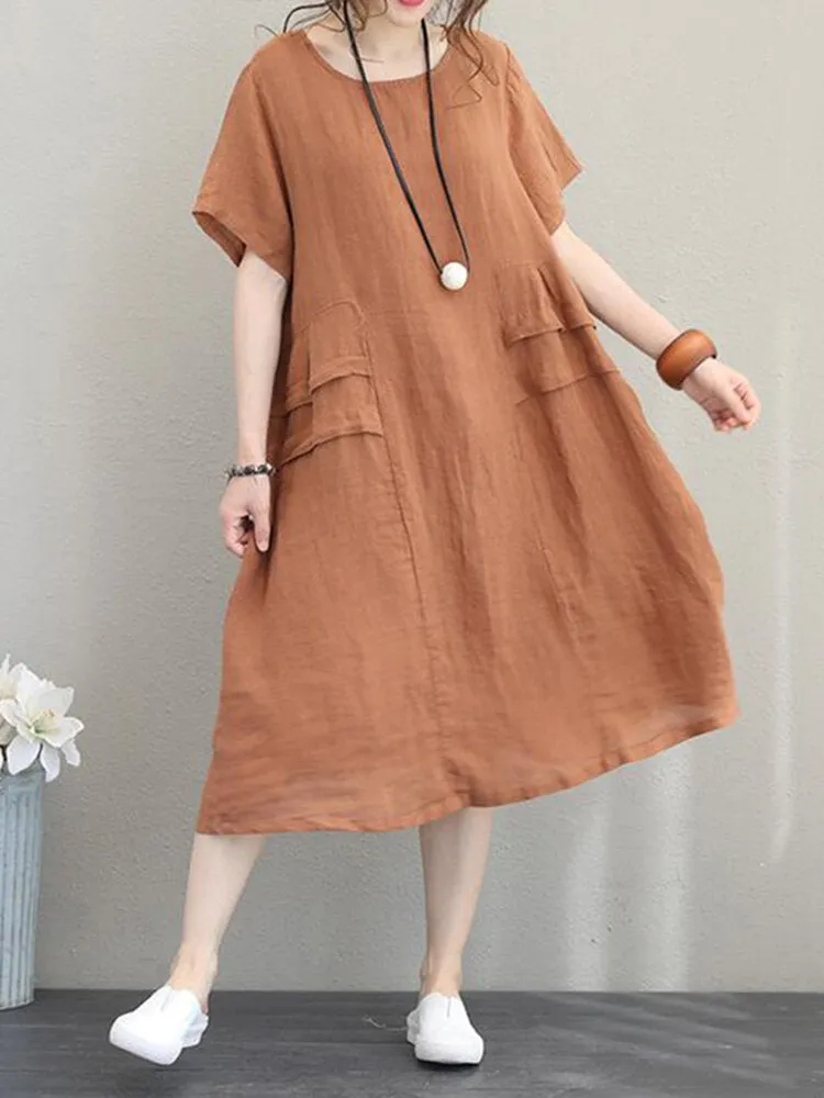 Retro Casual Cotton Pure Color Loose Short Sleeve Women Midi Dress