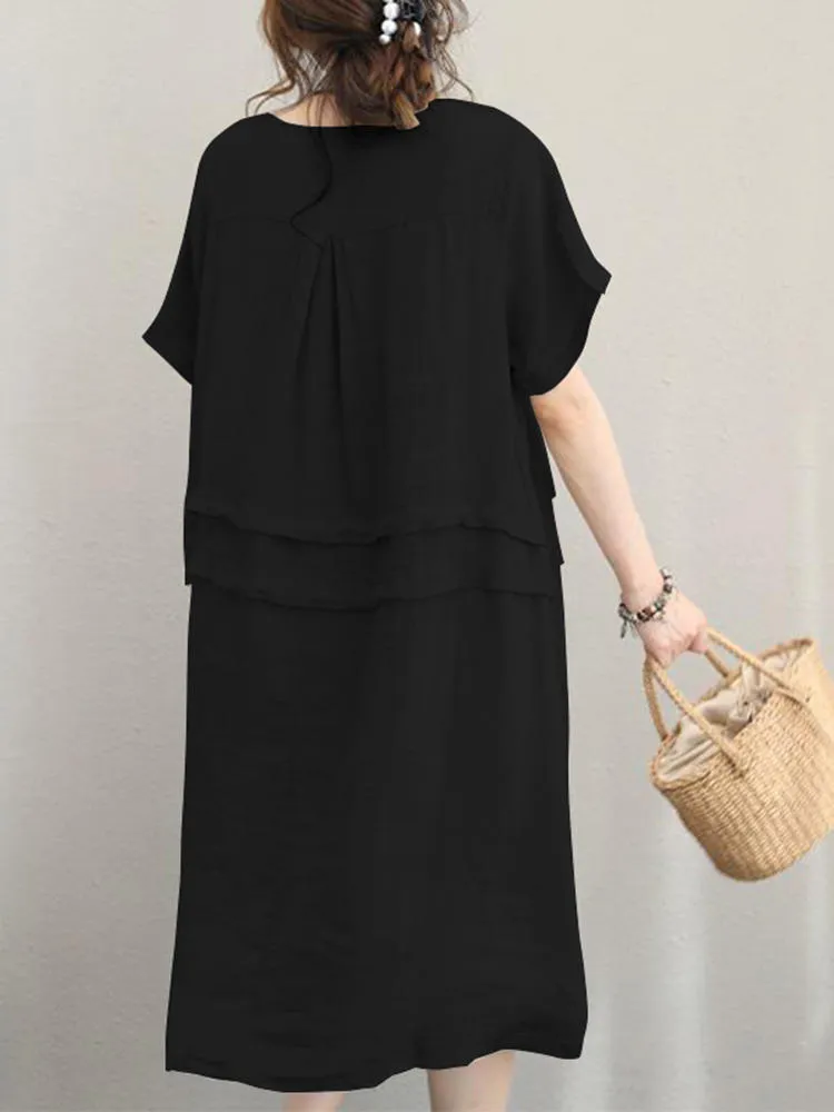 Retro Casual Cotton Pure Color Loose Short Sleeve Women Midi Dress