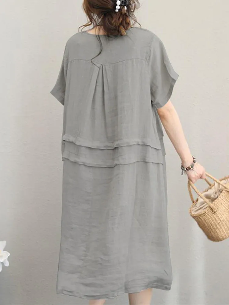Retro Casual Cotton Pure Color Loose Short Sleeve Women Midi Dress