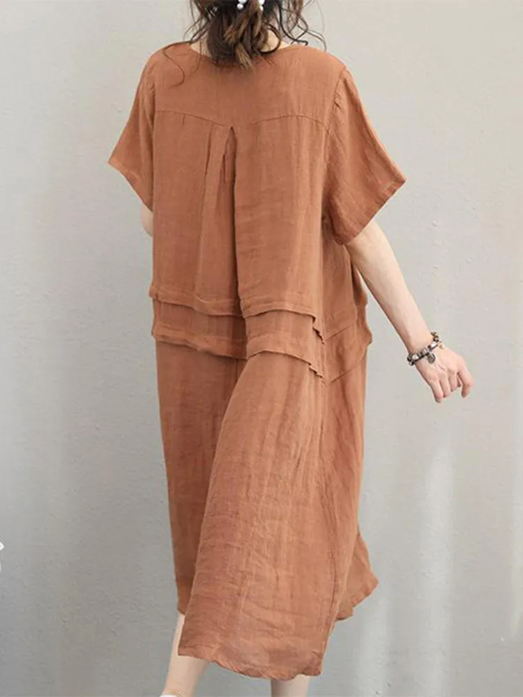 Retro Casual Cotton Pure Color Loose Short Sleeve Women Midi Dress