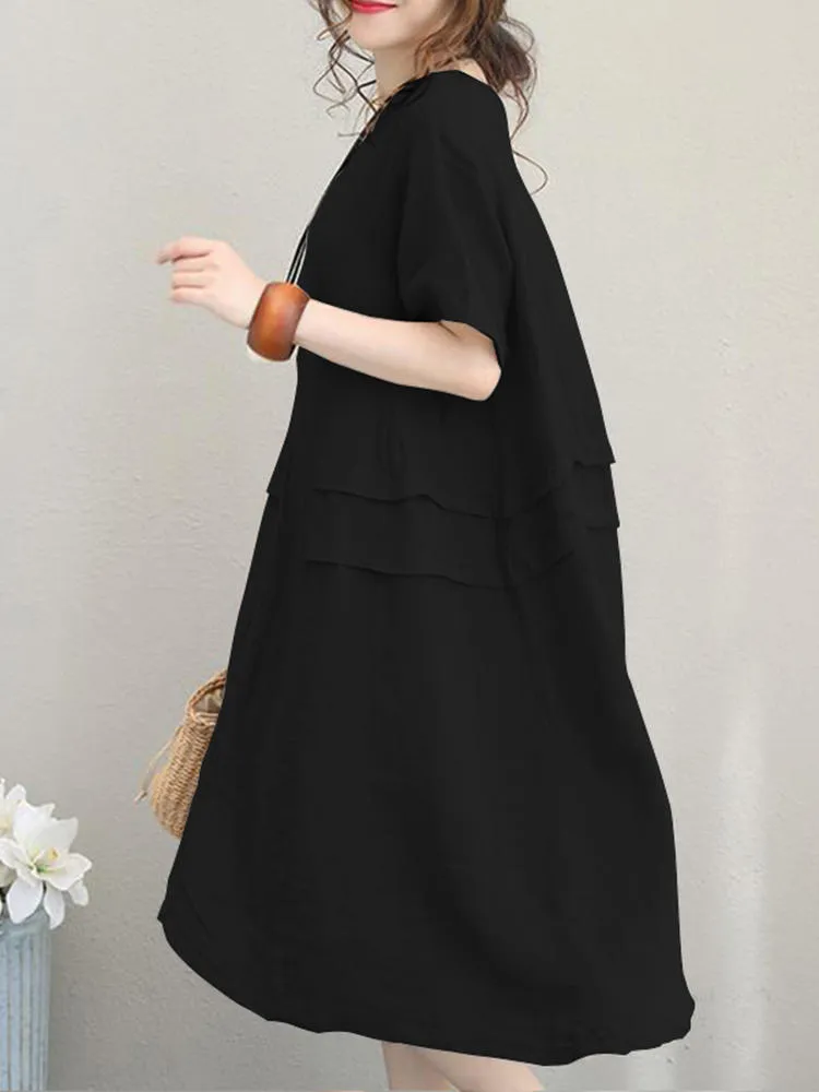 Retro Casual Cotton Pure Color Loose Short Sleeve Women Midi Dress