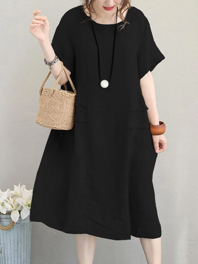 Retro Casual Cotton Pure Color Loose Short Sleeve Women Midi Dress
