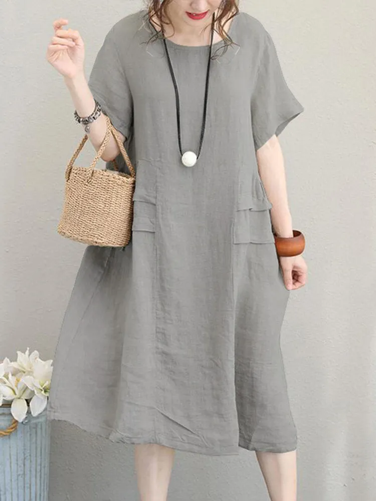 Retro Casual Cotton Pure Color Loose Short Sleeve Women Midi Dress