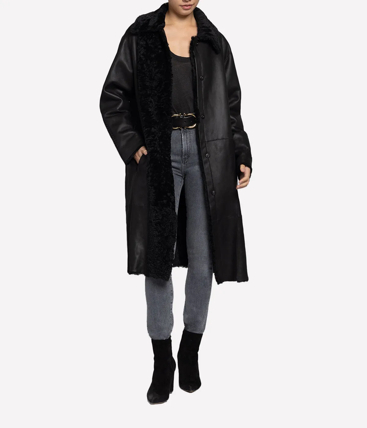 Ricamo Coat with Belt in Nero