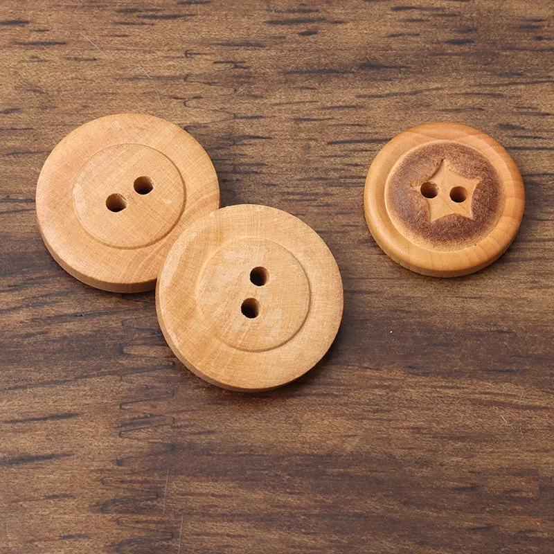 Round 2 Hole Poplar Wood Buttons Fire Burned Surface and Star Pattern