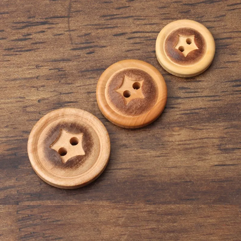 Round 2 Hole Poplar Wood Buttons Fire Burned Surface and Star Pattern