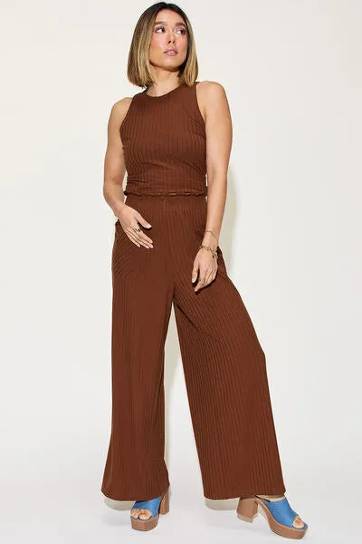 Sarah Basic Bae Full Size Ribbed Tank and Wide Leg Pants Set
