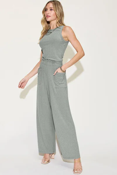 Sarah Basic Bae Full Size Ribbed Tank and Wide Leg Pants Set