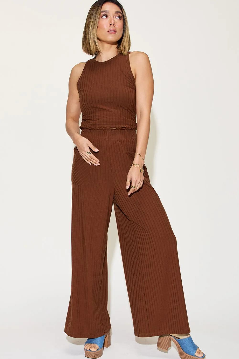 Sarah Basic Bae Full Size Ribbed Tank and Wide Leg Pants Set