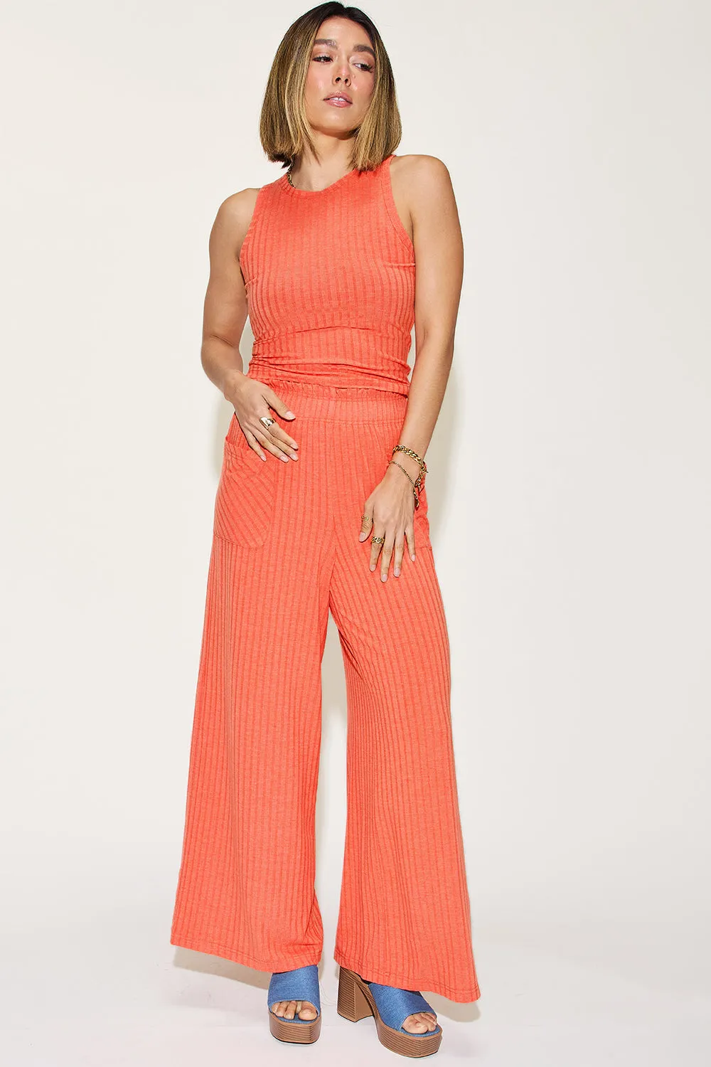 Sarah Basic Bae Full Size Ribbed Tank and Wide Leg Pants Set