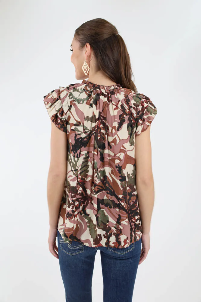 Satin Ruffle Print Blouse - Mauve