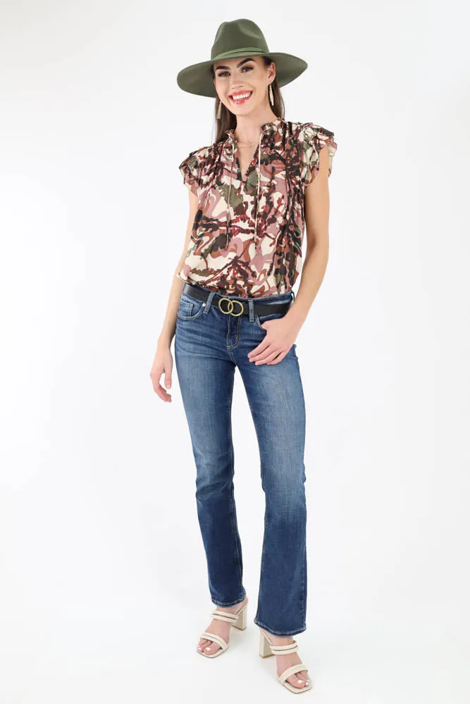 Satin Ruffle Print Blouse - Mauve