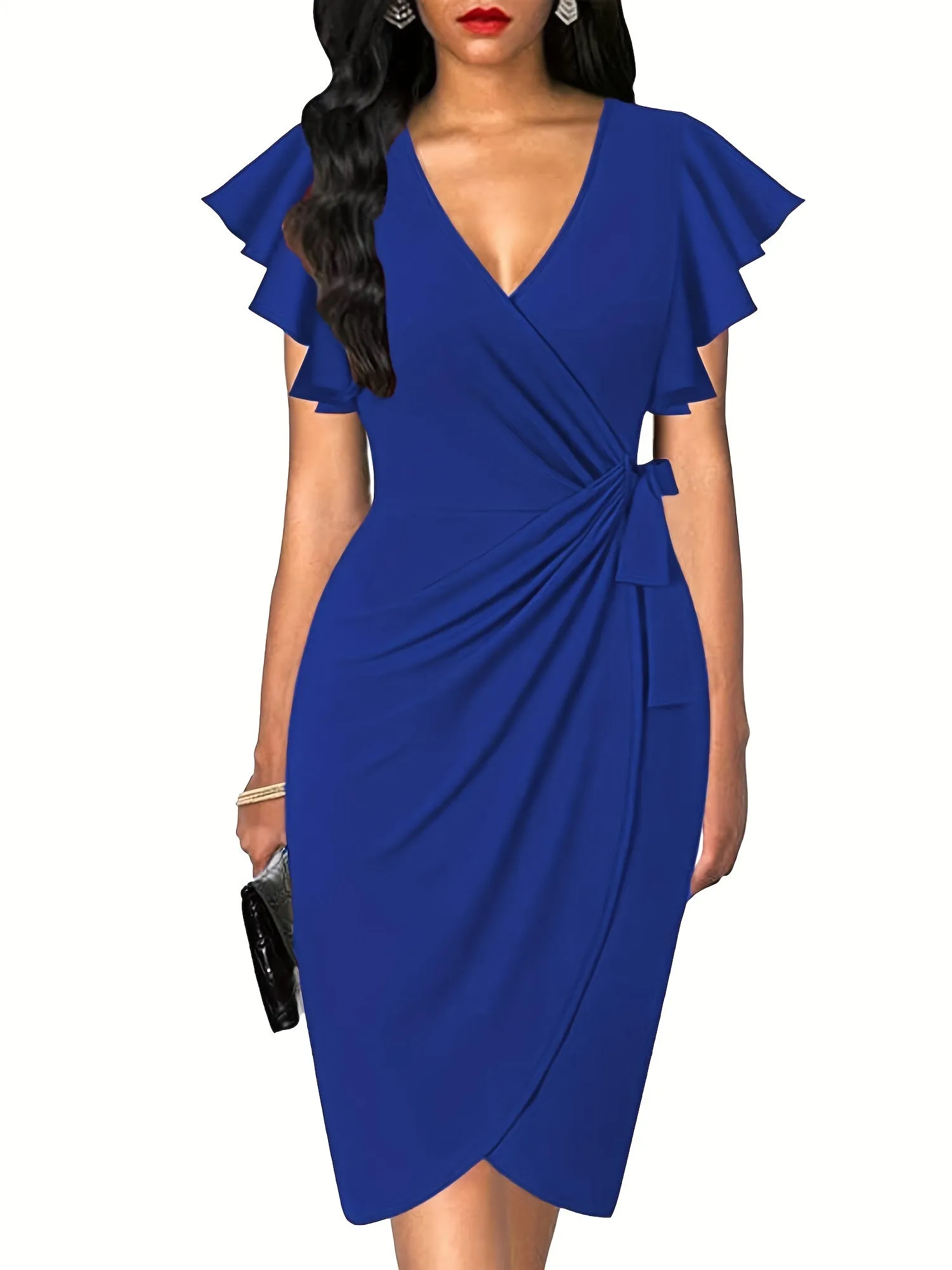 Schwarzes Wickelkleid Rüschenärmel Midi - Lara