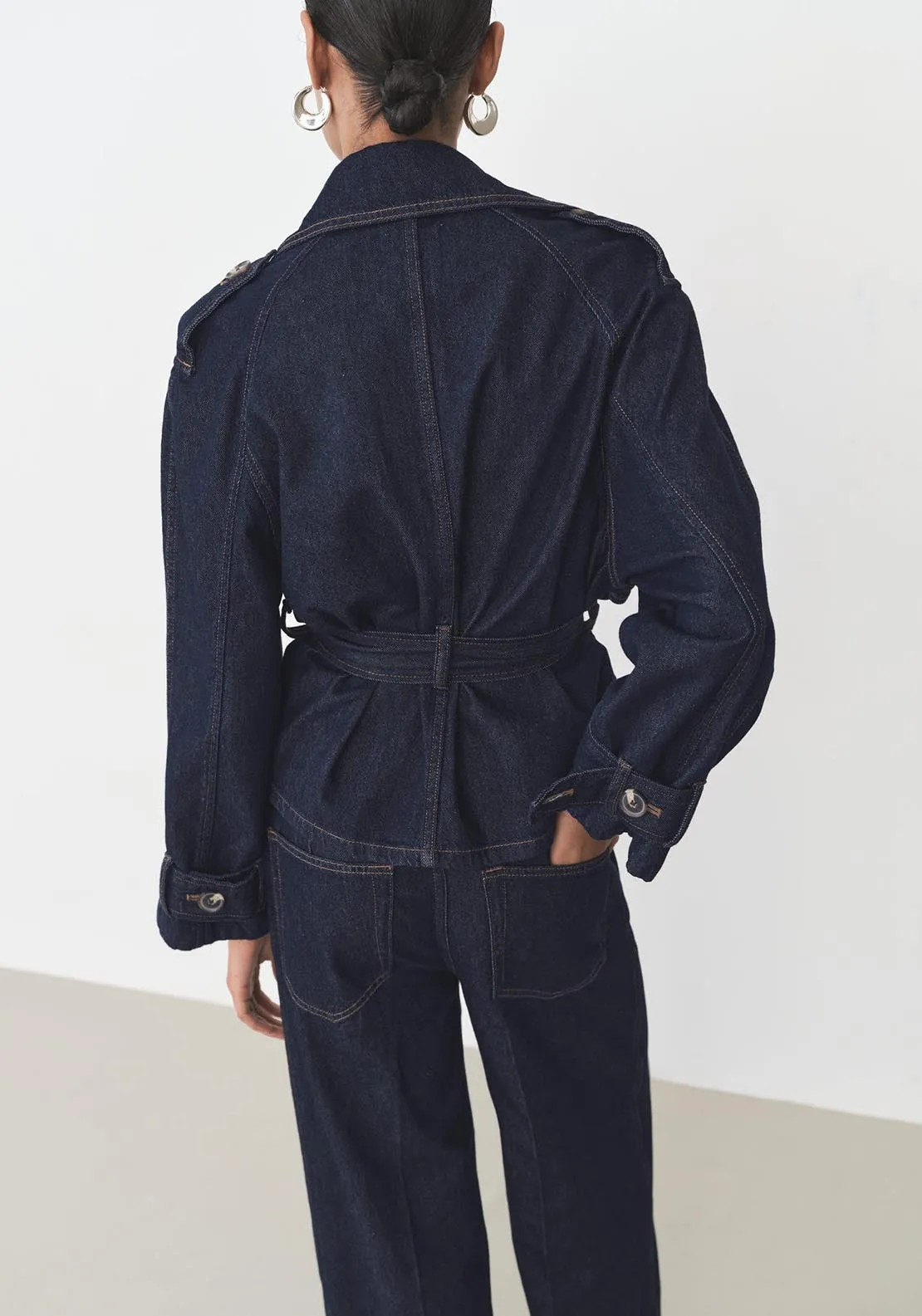 Short denim trench with belt - Open Blue